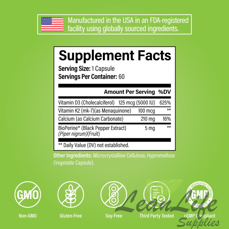 leanlifesupplies Vitamin D3 K2 5000 IU Supplement with Calcium, BioPerine - Gluten-Free - Noophoric, 60 Capsules