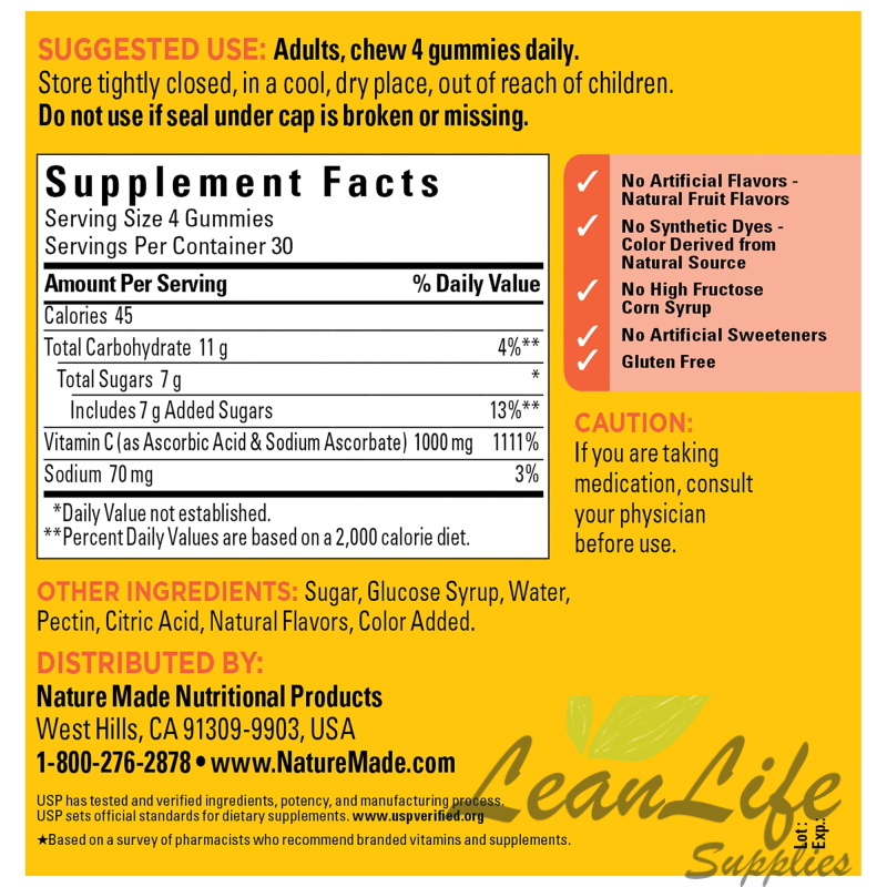 leanlifesupplies Nature Made Vitamin C Gummies Maximum Strength Dosage Vitamin C 1000mg Per Serving, 120 Ct