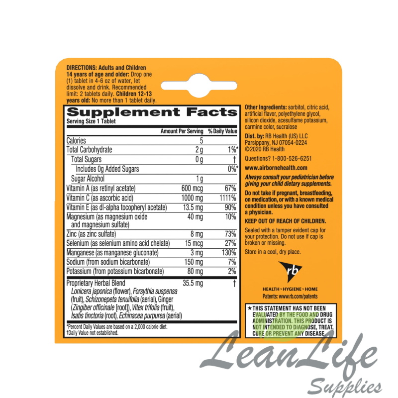 leanlifesupplies Airborne 1000mg Vitamin C Immune Support Multivitamin Effervescent Tablets, Very Berry Flavor, 10 ct