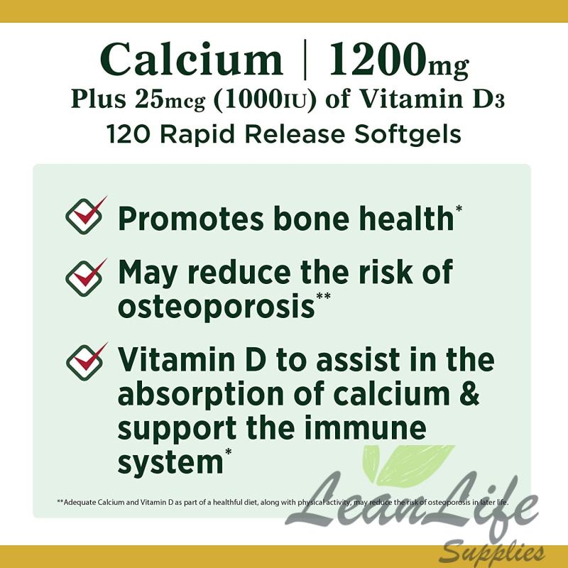 leanlifesupplies Nature's Bounty Calcium Plus Vitamin D3 1200 mg Rapid Release Softgels, 120 Ea