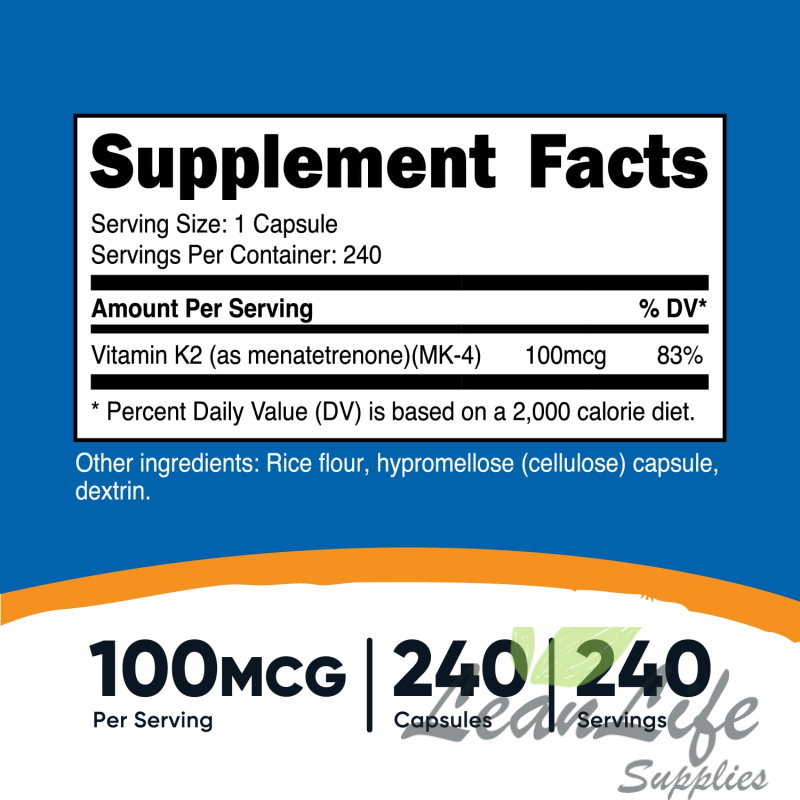 leanlifesupplies Nutricost Vitamin K2 (MK4) 240 Capsules (100mcg) - Gluten Free & Non-GMO Supplement