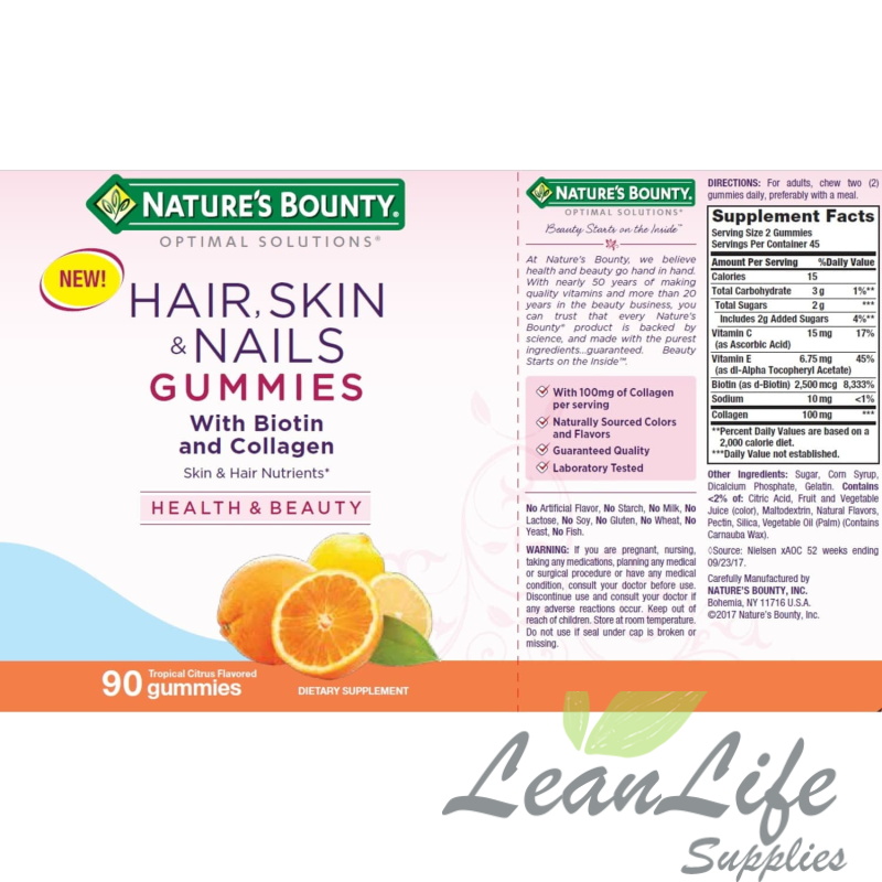 leanlifesupplies Nature's Bounty Hair Skin and Nails Vitamin with Collagen and Biotin, Women's Multivitamin, Tropical Citrus Gummies, 90 Ct