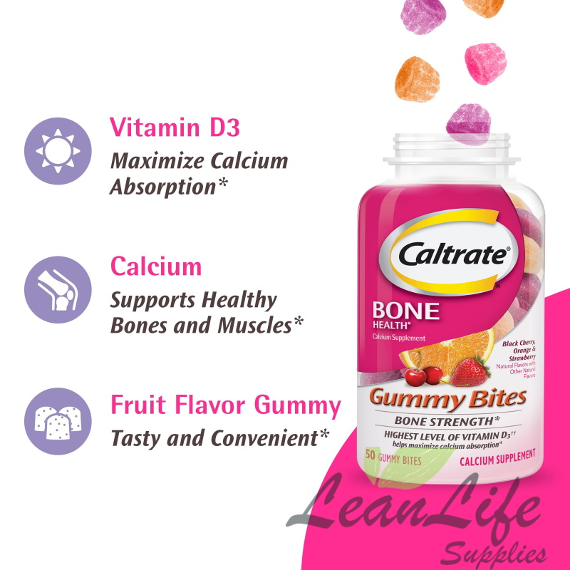 leanlifesupplies Caltrate Gummy Bites 500 mg Calcium and Vitamin D Supplement, Black Cherry, Strawberry, Orange 50 ct