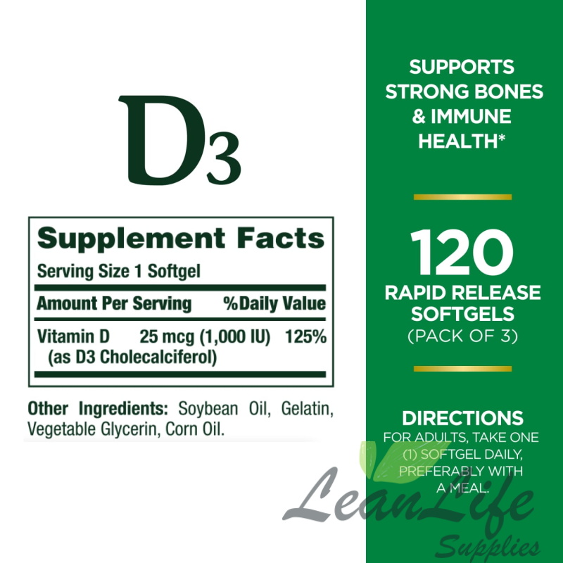 leanlifesupplies Nature's Bounty Vitamin D3 1000 IU Softgels, Bone & Immune Support, 120 Ct