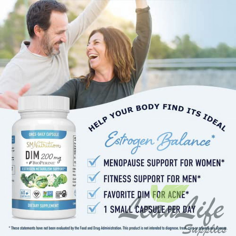 leanlifesupplies DIM Supplement 200 mg | Estrogen Balance for Women & Men | Estrogen Metabolism, Hormonal Acne Supplements, Menopause Support, & Hormone Balance by SM Nutrition | Vegan, Soy Free