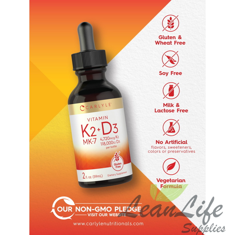 leanlifesupplies Vitamin K2 MK7 and D3 Liquid Drops | 2 fl oz | Vegetarian Supplement | by Carlyle