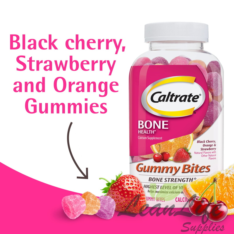 leanlifesupplies Caltrate Gummy Bites 500 mg Calcium and Vitamin D Supplement, Black Cherry, Strawberry, Orange 50 ct