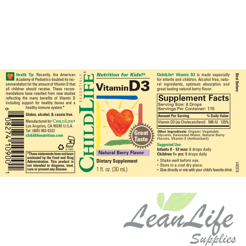 leanlifesupplies ChildLife Essentials, Vitamin D3 Liquid Drops, Mixed Berry Flavor, 500 IU, 1 fl. oz.