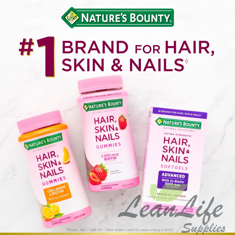 leanlifesupplies Nature's Bounty Hair Skin and Nails Vitamin with Collagen and Biotin, Women's Multivitamin, Tropical Citrus Gummies, 90 Ct