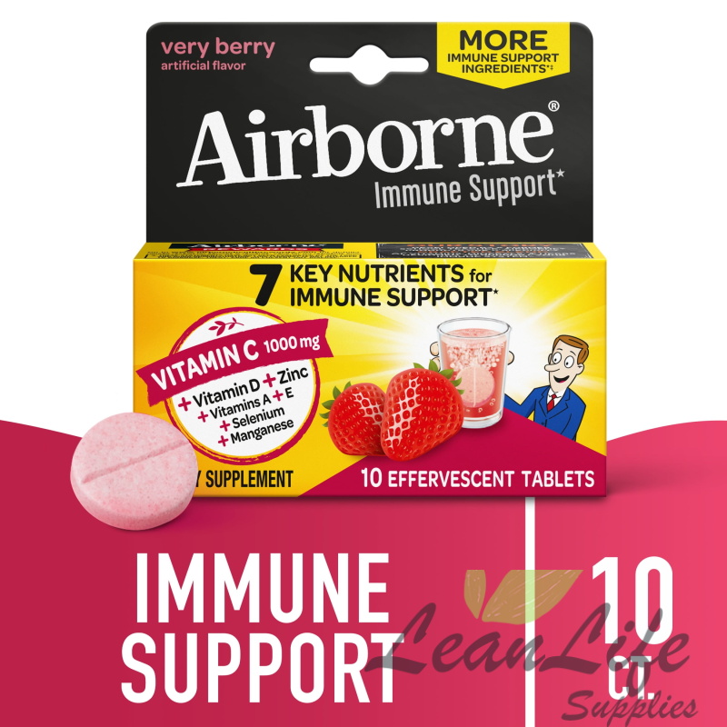 leanlifesupplies Airborne 1000mg Vitamin C Immune Support Multivitamin Effervescent Tablets, Very Berry Flavor, 10 ct