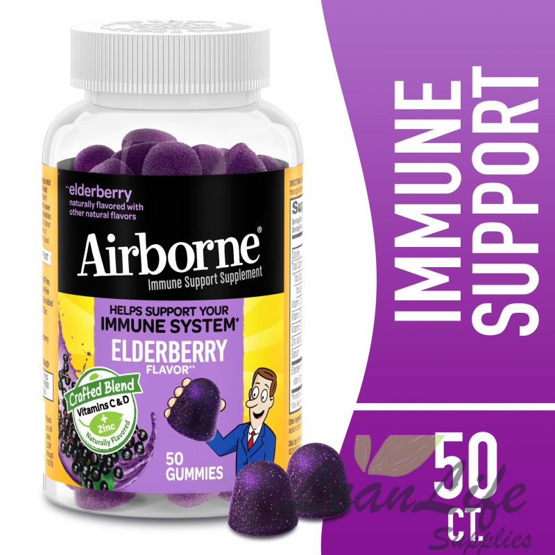 leanlifesupplies Airborne Vitamin C & Zinc Immune Support Gummies, Multivitamin Supplement, Elderberry Flavor, 50 ct