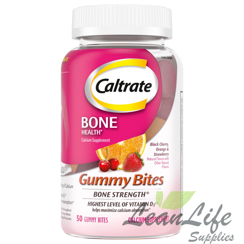 leanlifesupplies Caltrate Gummy Bites 500 mg Calcium and Vitamin D Supplement, Black Cherry, Strawberry, Orange 50 ct