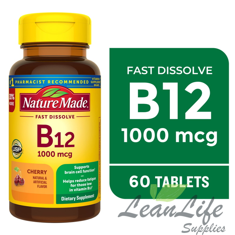 leanlifesupplies Nature Made Vitamin B12 Sublingual 1000 mcg Sugar Free Fast Dissolve Tablets, 60 Count