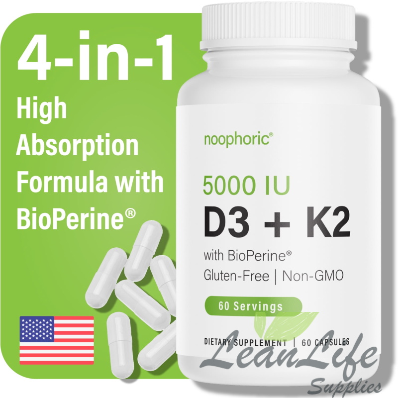 leanlifesupplies Vitamin D3 K2 5000 IU Supplement with Calcium, BioPerine - Gluten-Free - Noophoric, 60 Capsules