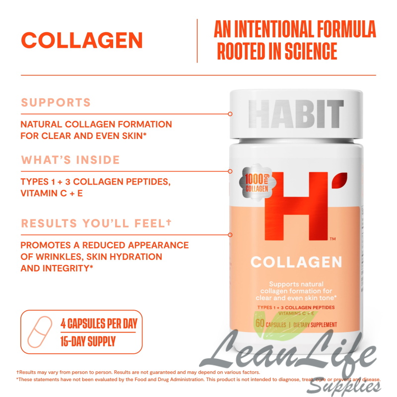 leanlifesupplies HABIT Collagen Supplement, Types 1 & 3 Collagen Peptides, Vitamin C and E, 60 Capsules