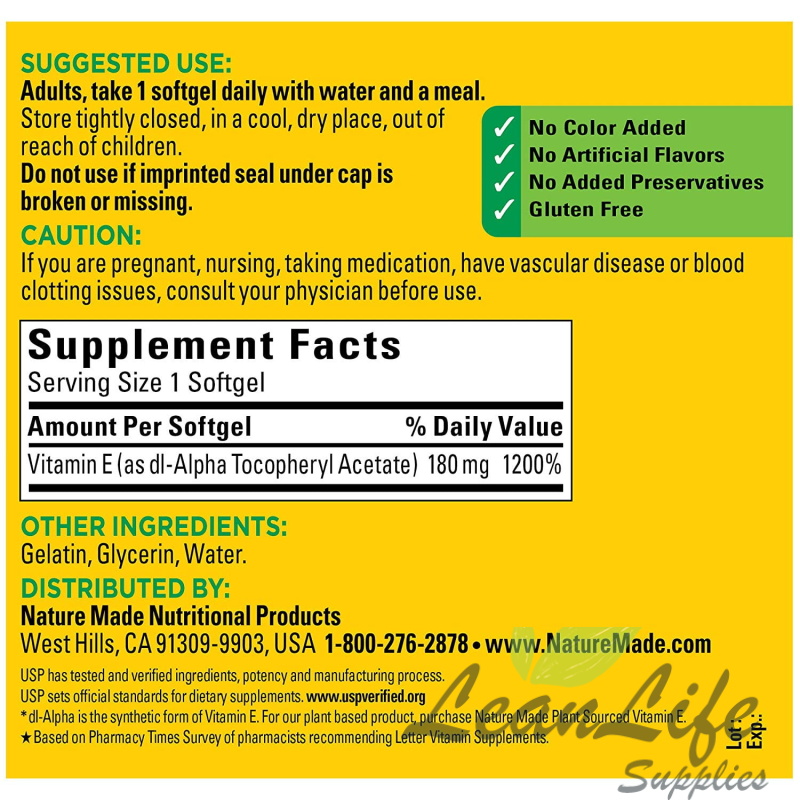 leanlifesupplies Nature Made Vitamin E 180 mg (400 IU) dl-Alpha Softgels, Dietary Supplement, 300 Count