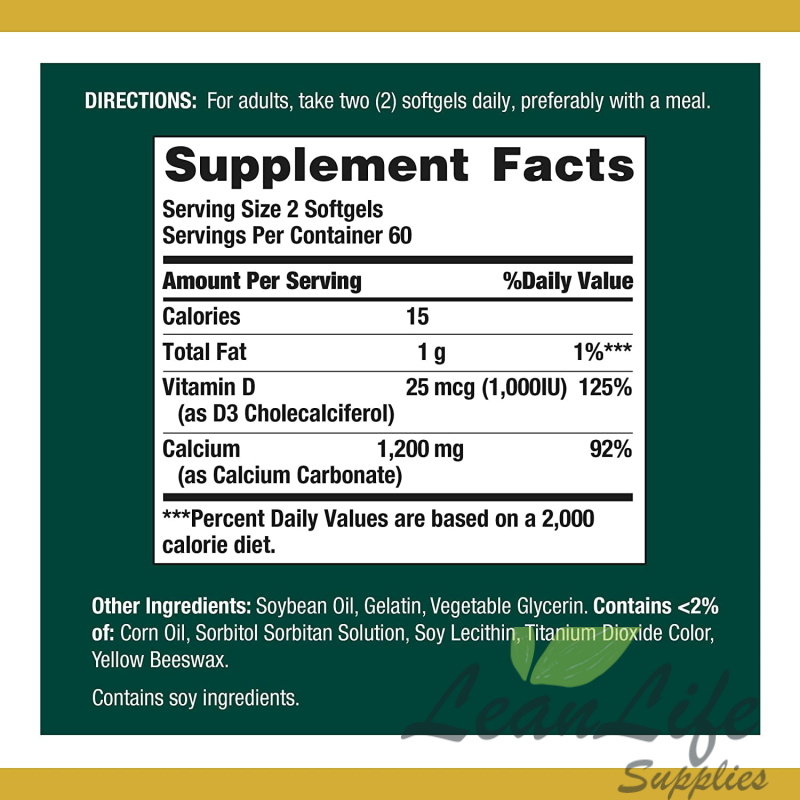 leanlifesupplies Nature's Bounty Calcium Plus Vitamin D3 1200 mg Rapid Release Softgels, 120 Ea