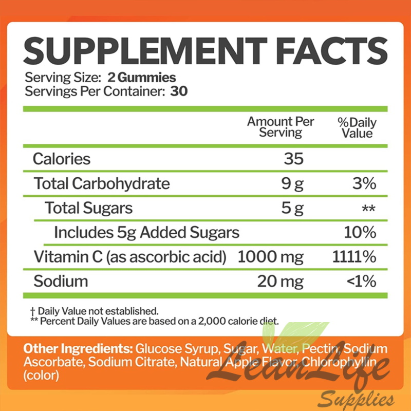 leanlifesupplies Xemenry Vitamin C Ascorbic Acid Gummies 1000mg - Enhance Energy, Support Skin Health (30/60/100pcs)