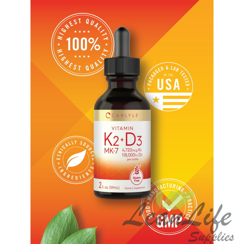 leanlifesupplies Vitamin K2 MK7 and D3 Liquid Drops | 2 fl oz | Vegetarian Supplement | by Carlyle