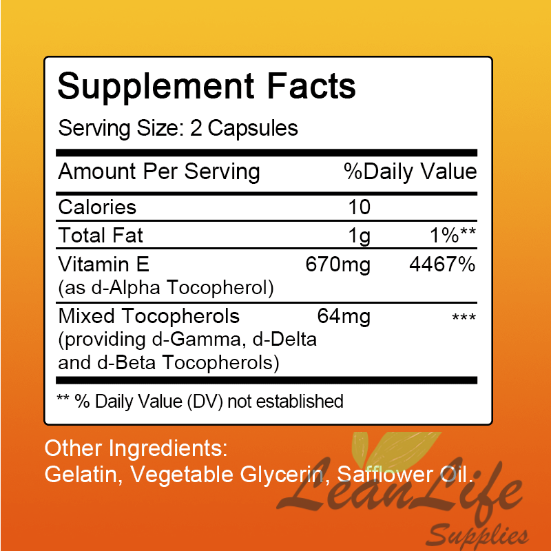 leanlifesupplies Vitamin E 1000IU 670MG Capsules(d-Alpha Tocopherol),Support Antioxidant,Immune,Skin Nutrition,120 Ct