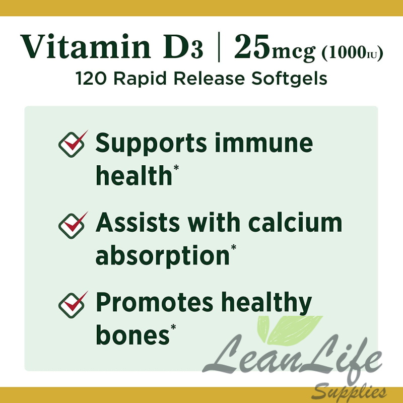 leanlifesupplies Nature's Bounty Vitamin D3 1000 IU Softgels, Bone & Immune Support, 120 Ct