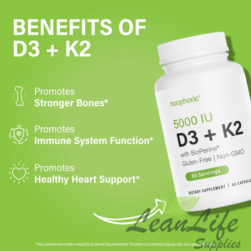 leanlifesupplies Vitamin D3 K2 5000 IU Supplement with Calcium, BioPerine - Gluten-Free - Noophoric, 60 Capsules