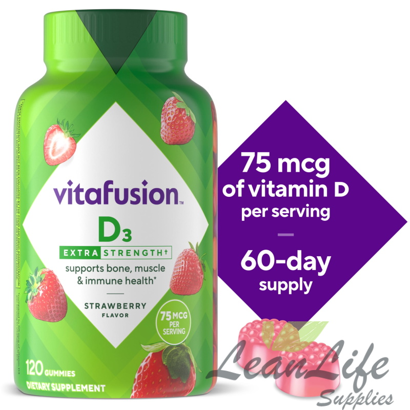 leanlifesupplies vitafusion Extra Strength Vitamin D3 Gummy Vitamins for Bone and Immune System Support, Strawberry Flavored, 120 Count